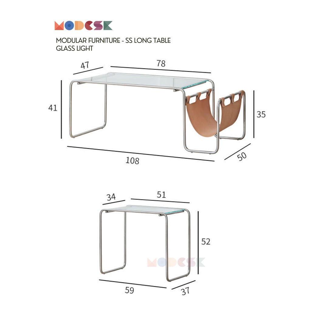 Bàn Sofa - Bàn trà MODESK SS Sofa Long Table Glass Light (bộ 2 cái) Inox304 - Kính cường lực[phòng khách - quán cafe]