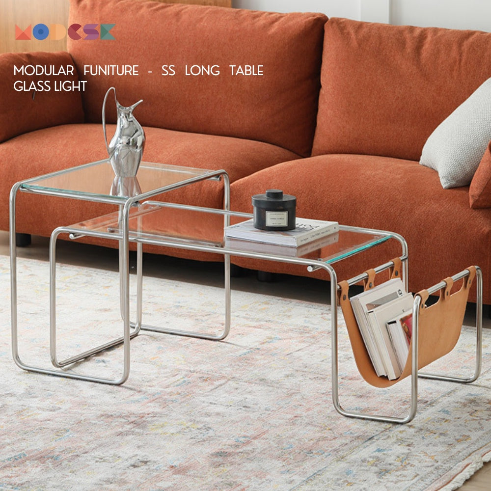 Bàn Sofa - Bàn trà MODESK SS Sofa Long Table Glass Light (bộ 2 cái) Inox304 - Kính cường lực[phòng khách - quán cafe]