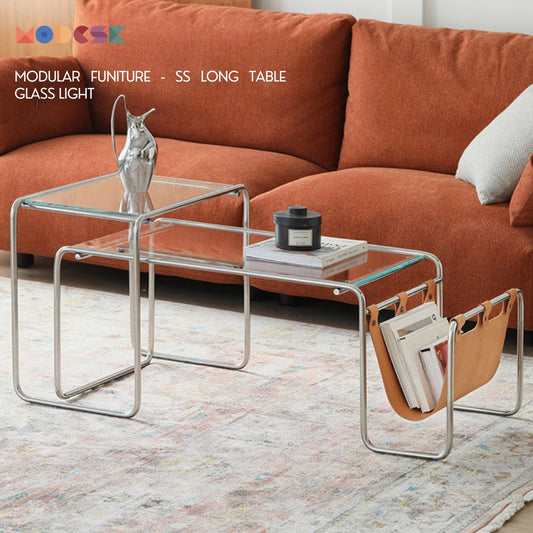 Bàn Sofa - Bàn trà MODESK SS Sofa Long Table Glass Light (bộ 2 cái) Inox304 - Kính cường lực[phòng khách - quán cafe]